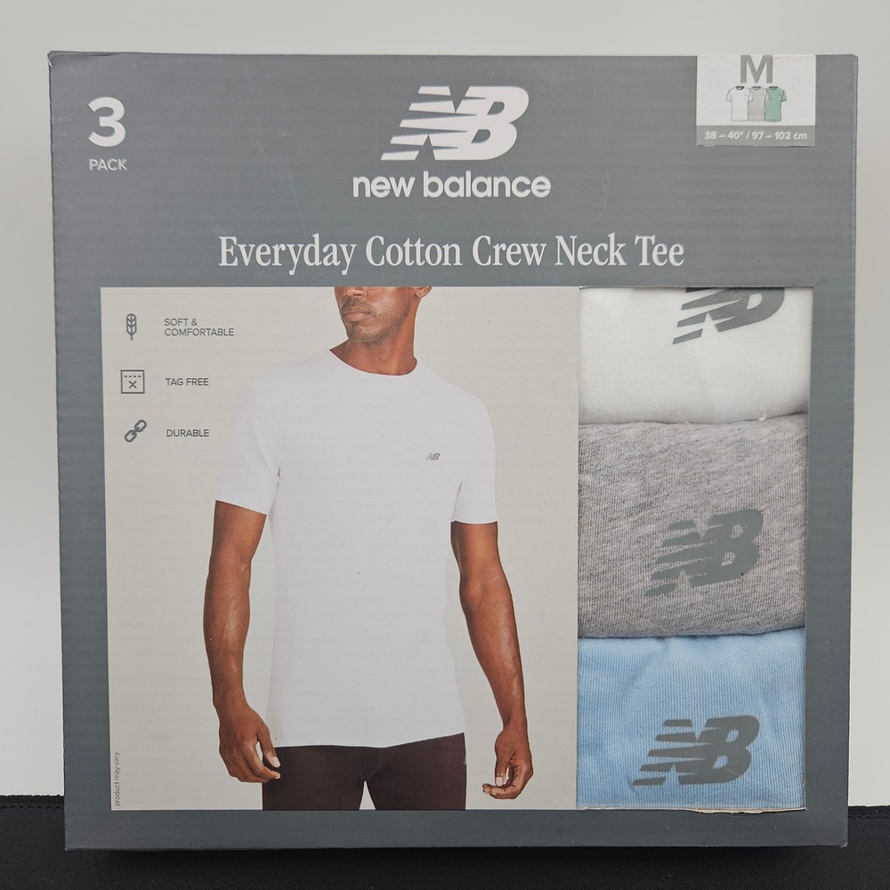New Balance Mens Size Med Everyday Cotton Crew Neck Tee 3 Pack Grey White Chrome